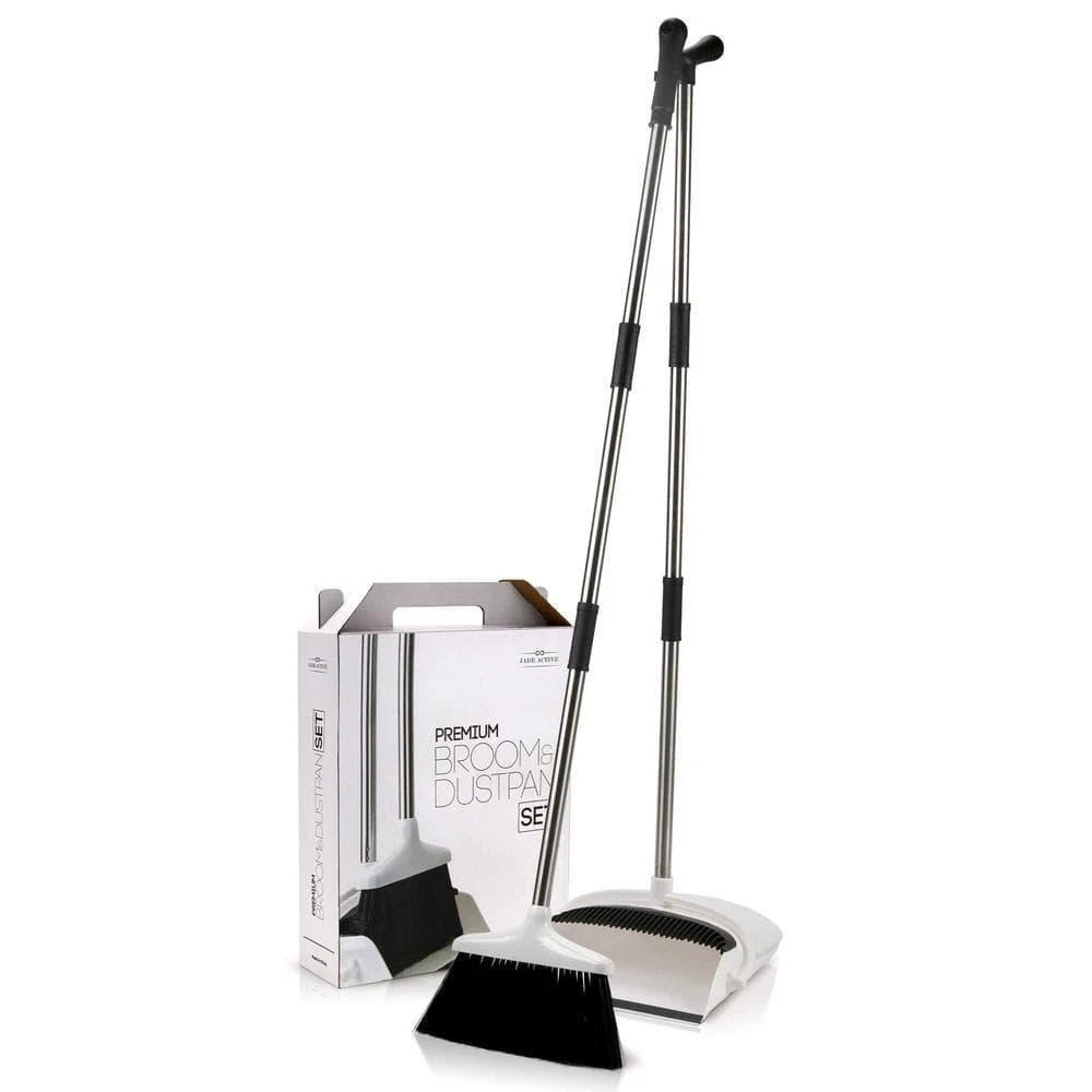 Unbranded Broom + Upright Dust Pan Combo Set 11.4" White/Black w/ Plastic Handle