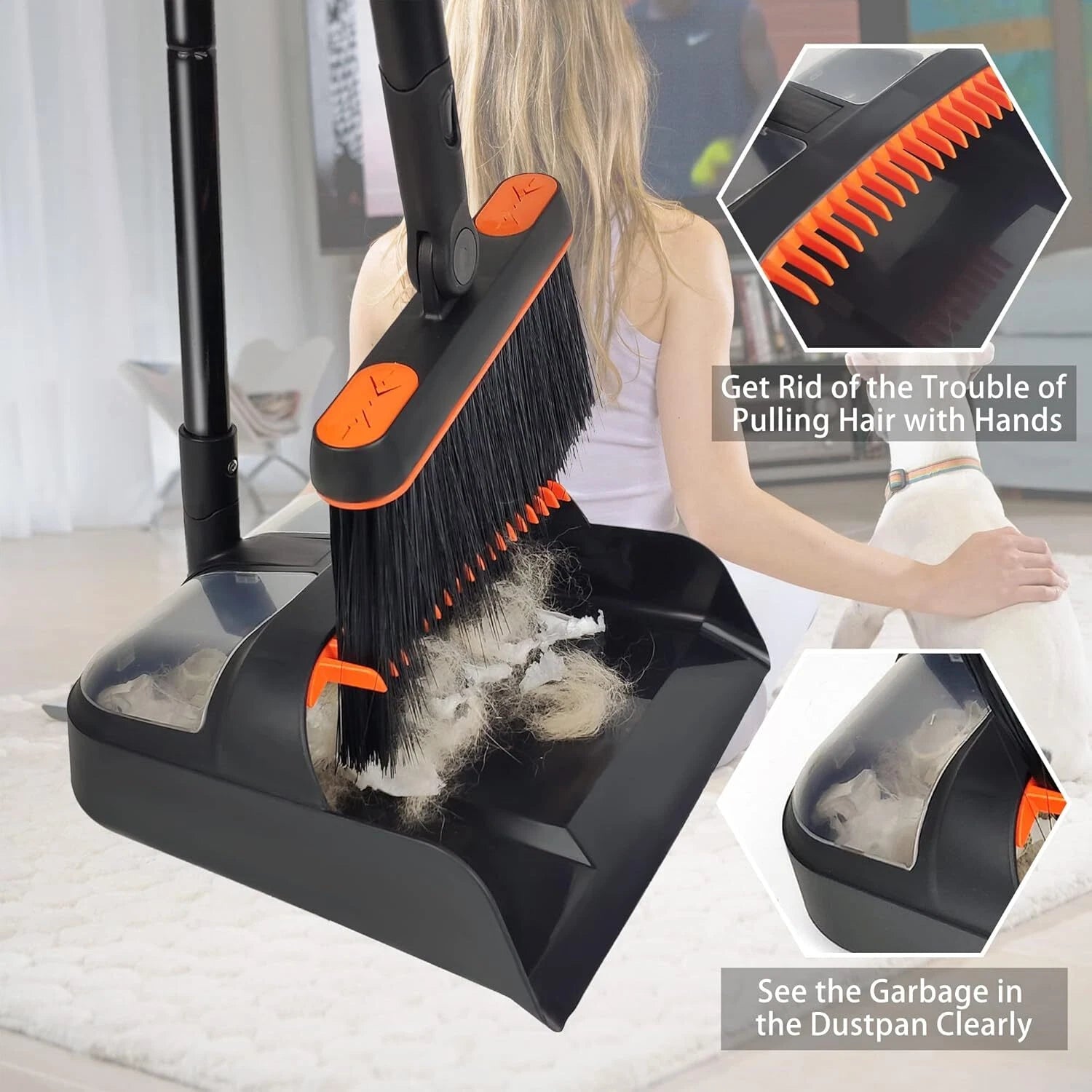 JEHONN Broom and Dustpan Set for Home, Long Handle Orange Black