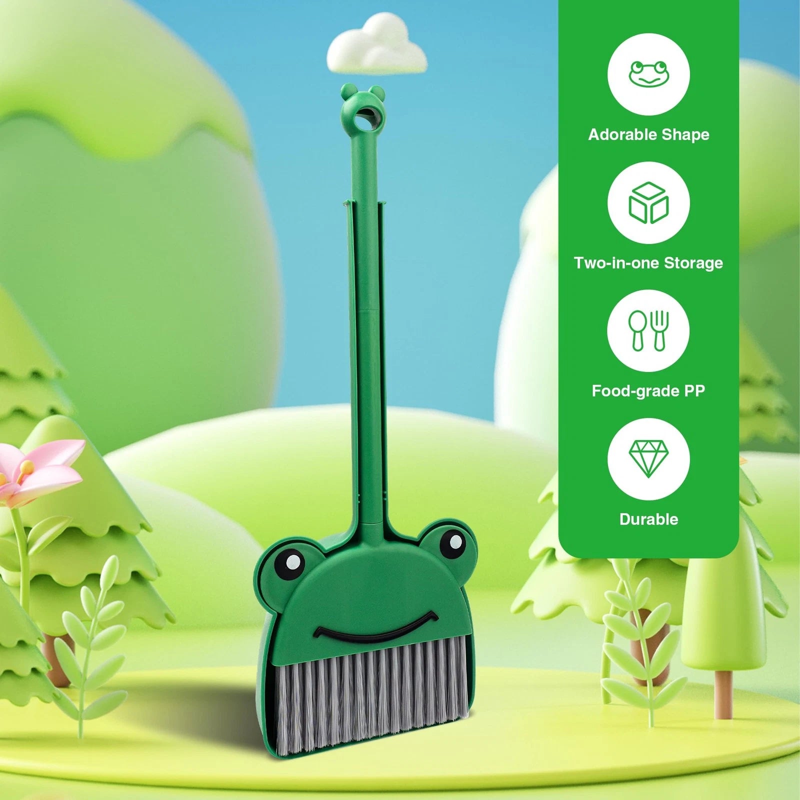 Children's Small Broom Dustpan Set Green Frog Mini Household Cleaning