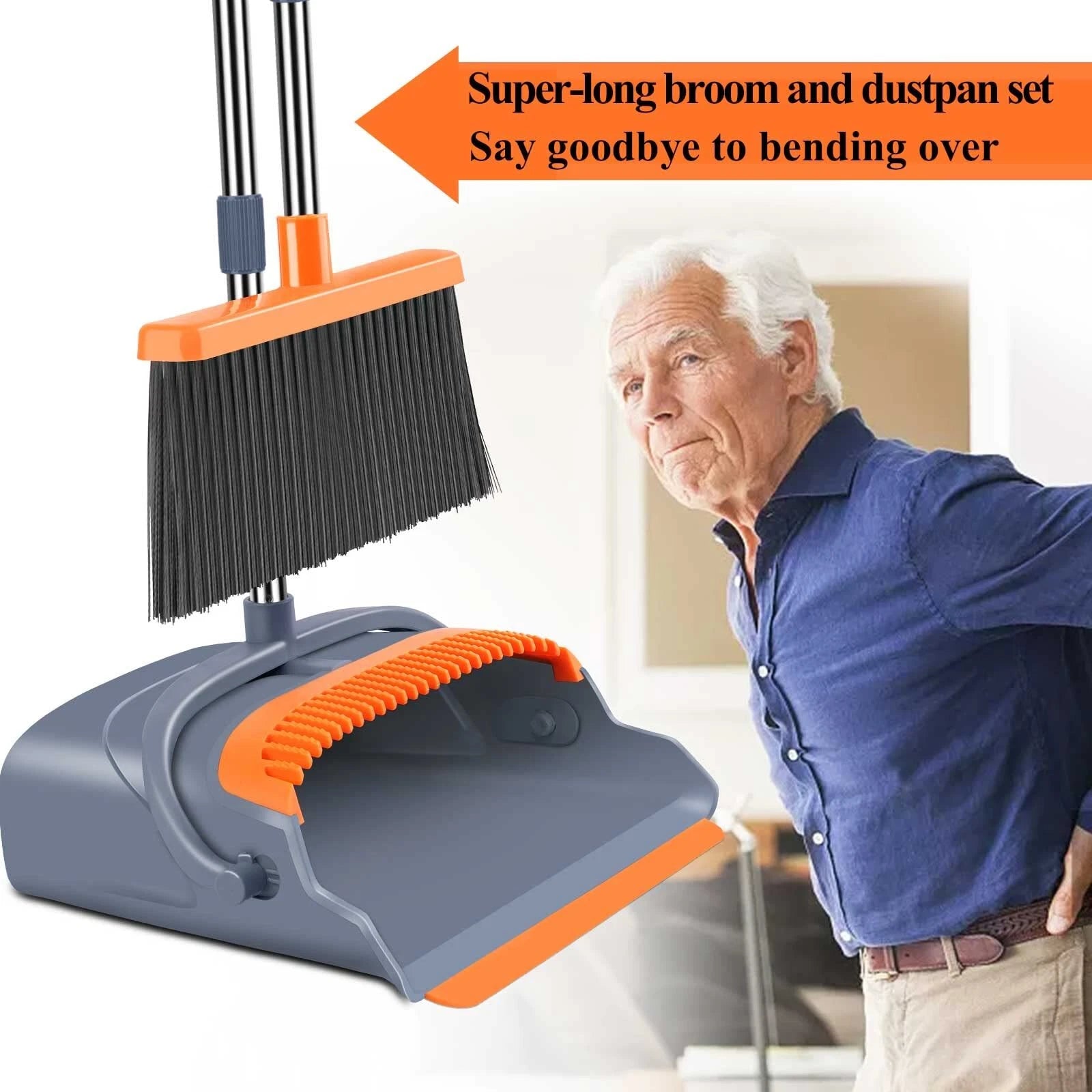 Broom and Dustpan Set Self-Cleaning with Dustpan Teeth Indoor New