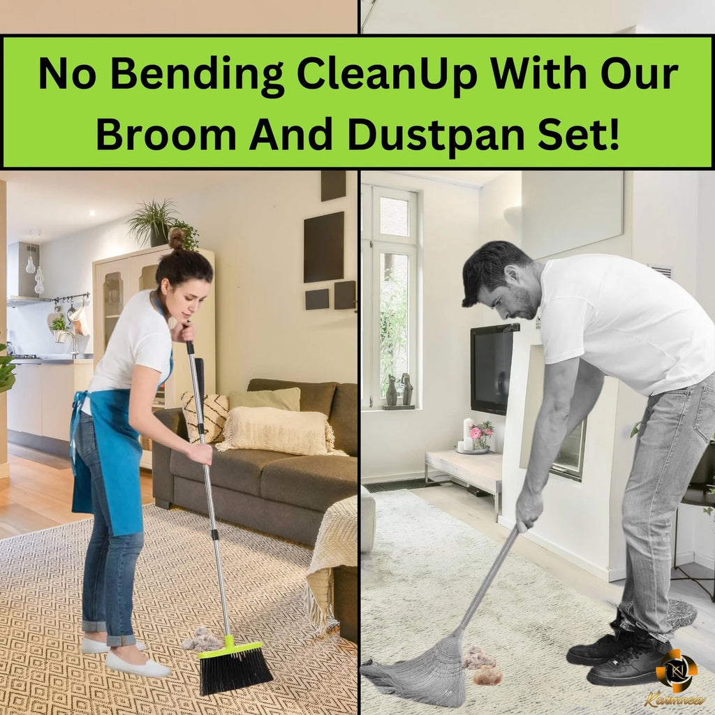 Standing Broom and Dustpan Set, Adjustable Handle 38.18"-52", No-Slip Grip