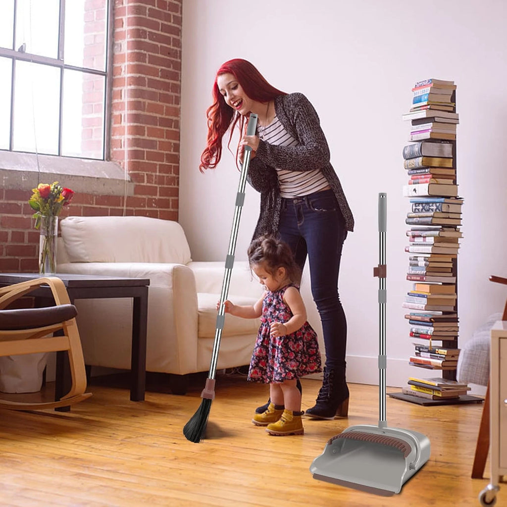 Upgrade Self-Cleaning Broom & Dustpan Set with Long Handle for Pets & Home Use