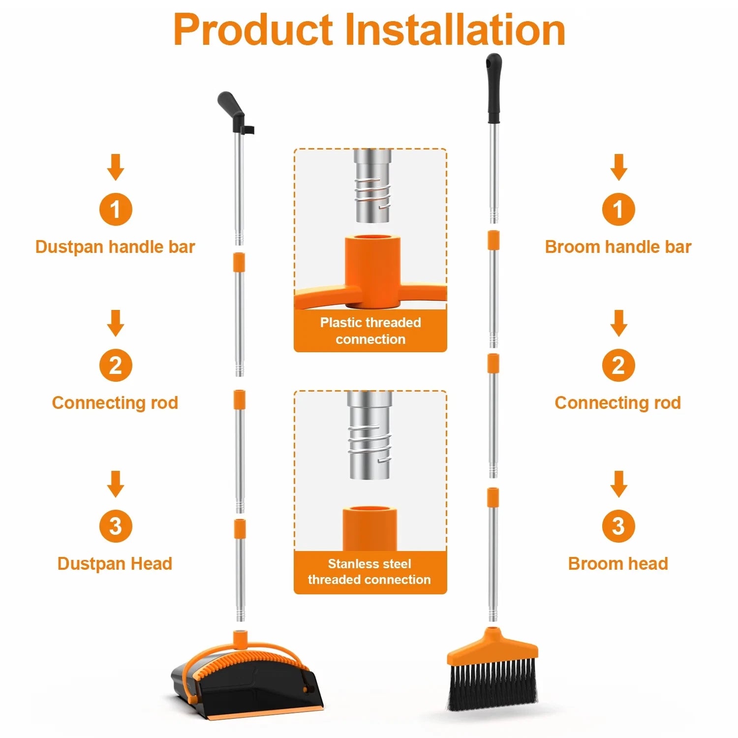 Broom and Dustpan Set for Home, Stainless Steel Ergonomics 50" Long Handle Broom