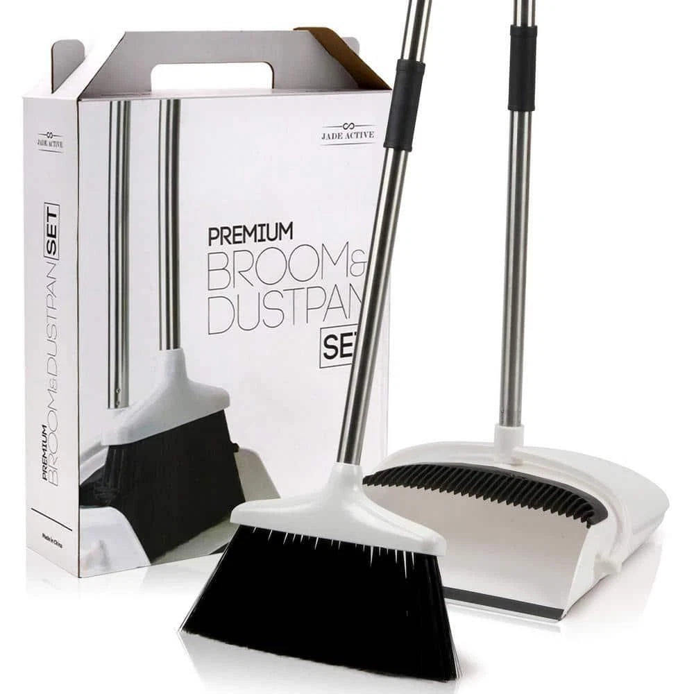 Unbranded Broom + Upright Dust Pan Combo Set 11.4" White/Black w/ Plastic Handle