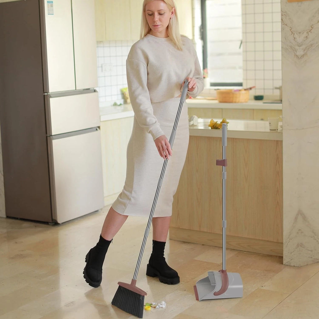 Compact, Bacteria Resistant Broom & Dustpan Set - Stand-Up Storage Solution