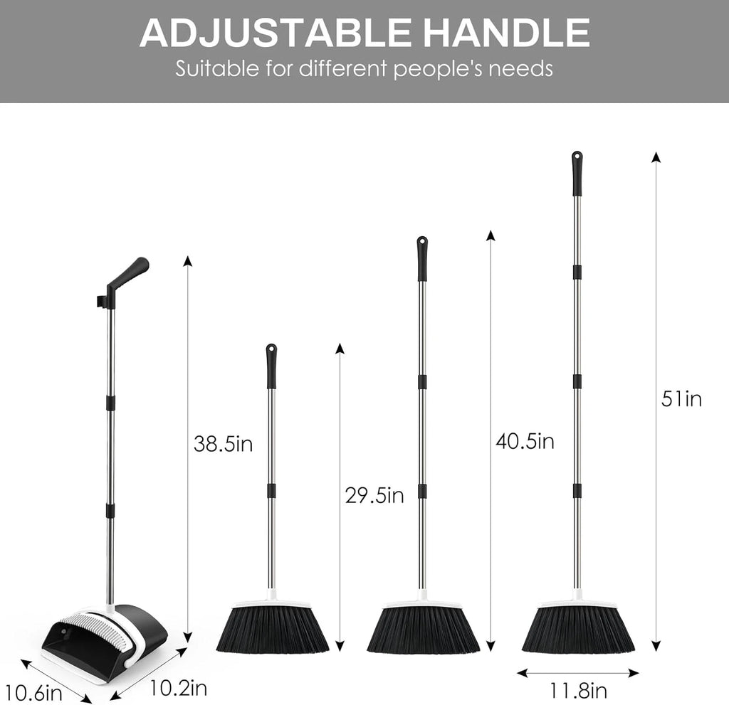Household Broom and Dustpan Set, 51-inch Long Adjustable Handle Angle Broom