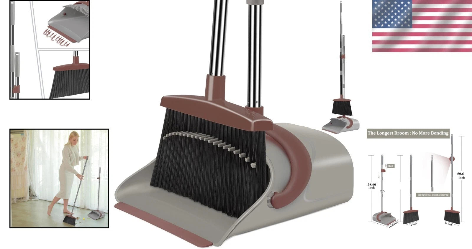 Compact, Bacteria Resistant Broom & Dustpan Set - Stand-Up Storage Solution