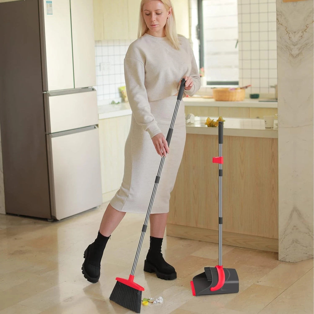 Adjustable Long Handle Dustpan Set for Effortless Home Cleaning - Gray & Red