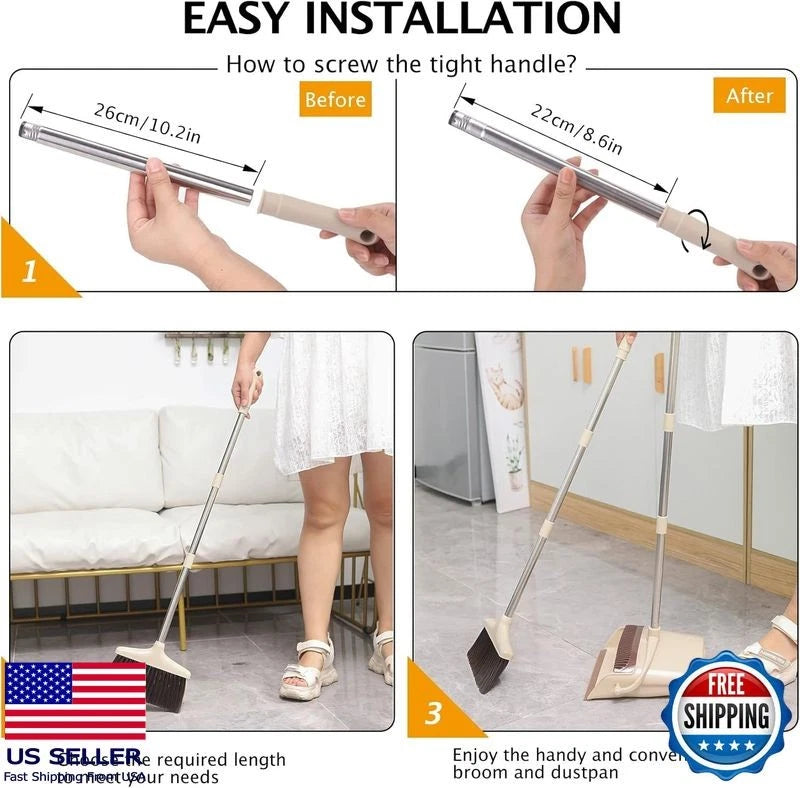 Broom and Dustpan Set with Long Handle, Lightweight Stainless Steel, Brown Beige