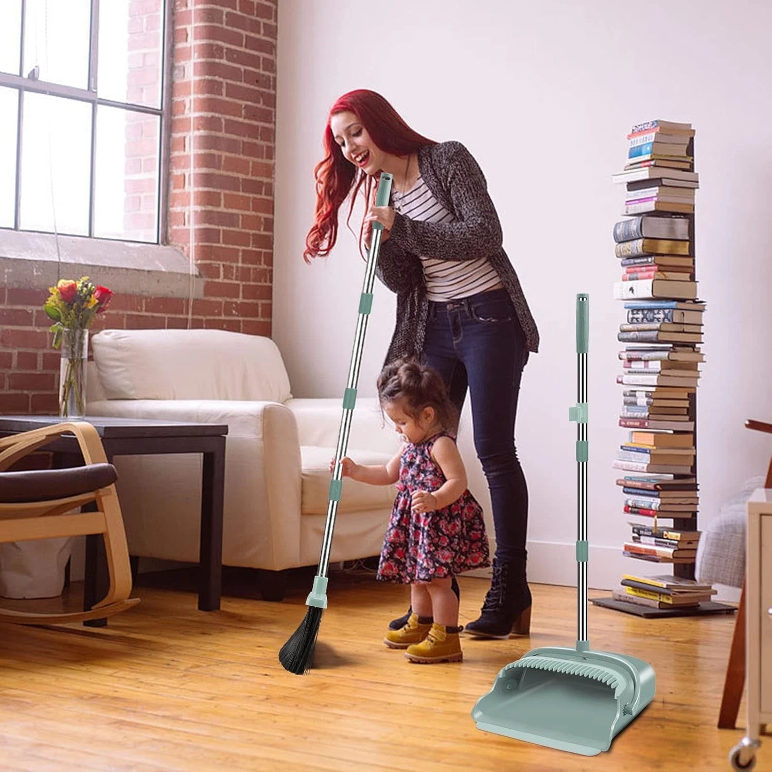Upgraded Upright Broom & Dustpan Set – Large, Long-Handled (Green)
