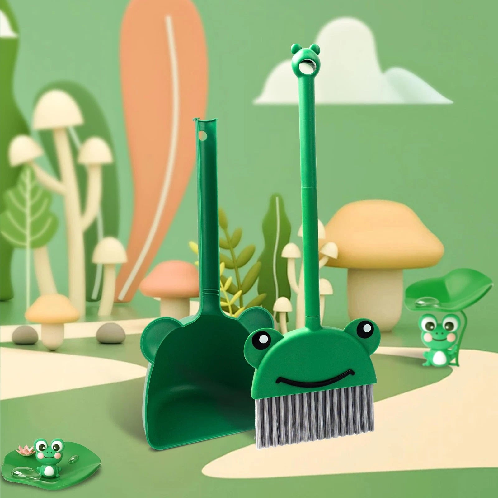 Children's Small Broom Dustpan Set Green Frog Mini Household Cleaning