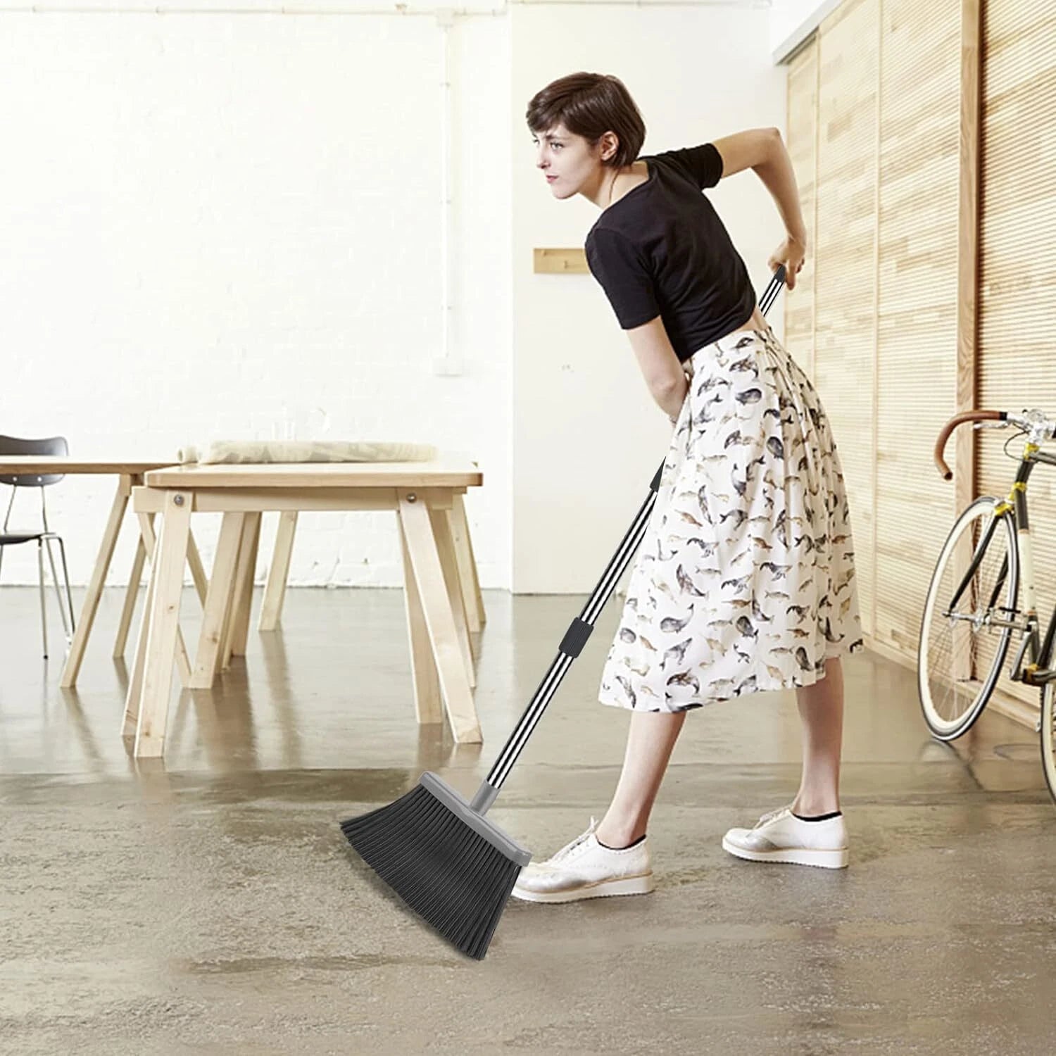 Broom Dustpan Set Home Office Indoor Outdoor Stand Up Broom Dustpan (Black&Gray)