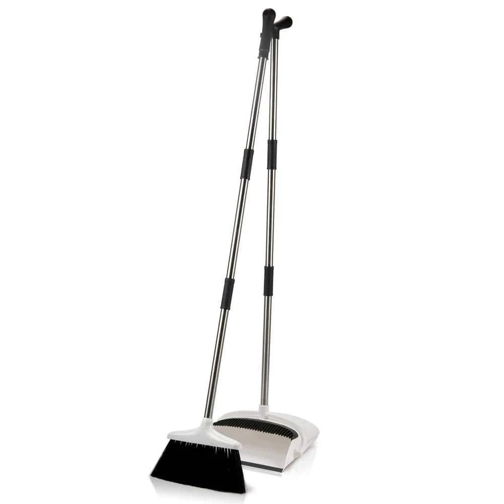 Unbranded Broom + Upright Dust Pan Combo Set 11.4" White/Black w/ Plastic Handle