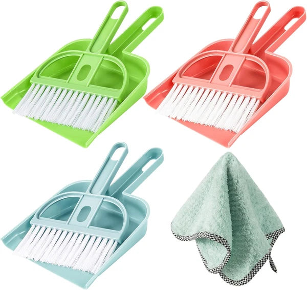 Mini Hand Broom and Dustpan Set 3 Pack Colorful Soft Bristle Cleaning Tool