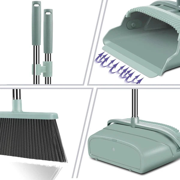 Upgraded Upright Broom & Dustpan Set – Large, Long-Handled (Green)