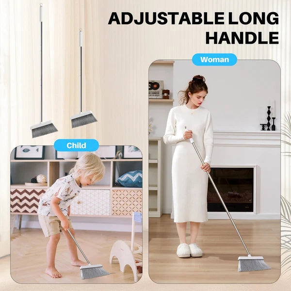 White Broom and Dustpan Set, Upright Design with Comb Teeth for Kitchen & Office