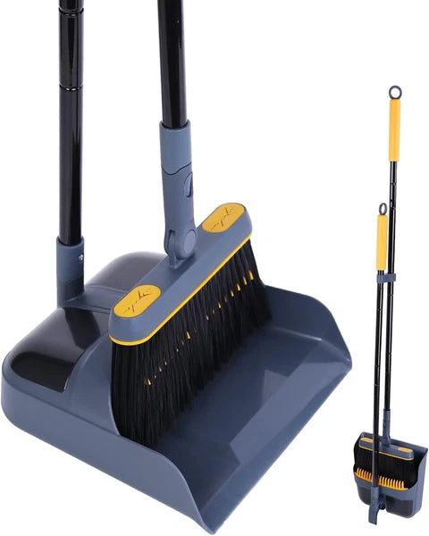 JEHONN Broom and Dustpan Set for Home, 54 Inches Long Dark Blue Yellow