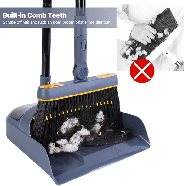 JEHONN Broom and Dustpan Set for Home, 54 Inches Long Dark Blue Yellow