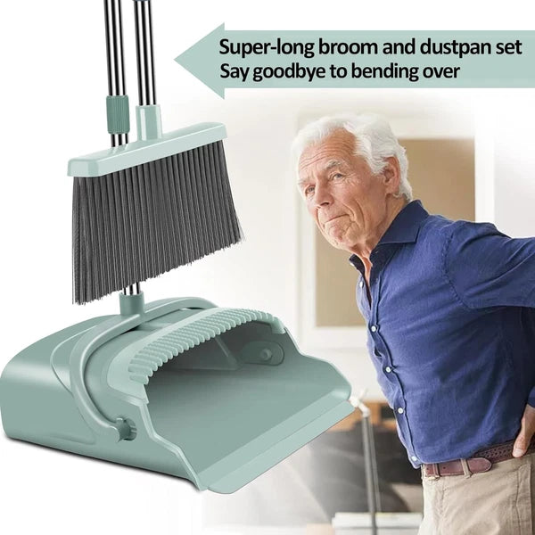 Upgraded Upright Broom & Dustpan Set – Large, Long-Handled (Green)
