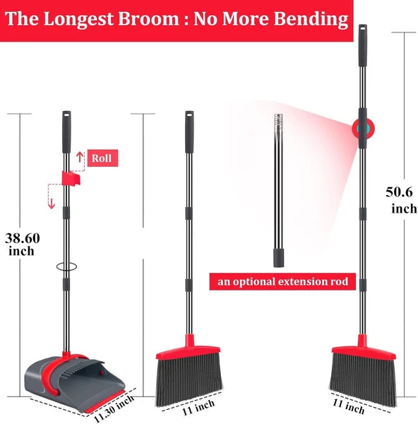 Adjustable Long Handle Dustpan Set for Effortless Home Cleaning - Gray & Red