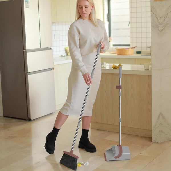 Compact, Bacteria Resistant Broom & Dustpan Set - Stand-Up Storage Solution