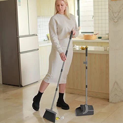Broom and Dustpan Set, Dust pan with Long Handle, Broom with Dustpan Gray&black