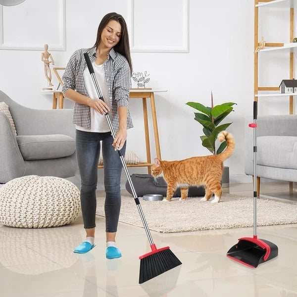 Adjustable Long Handle Broom Dustpan Combo W/ Built-in Teeth Easy Cleaning New