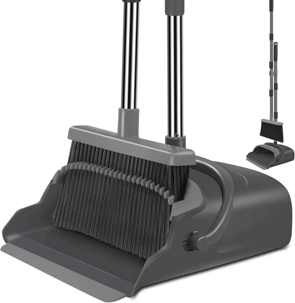 Broom Dustpan Set Home Office Indoor Outdoor Stand Up Broom Dustpan (Black&Gray)