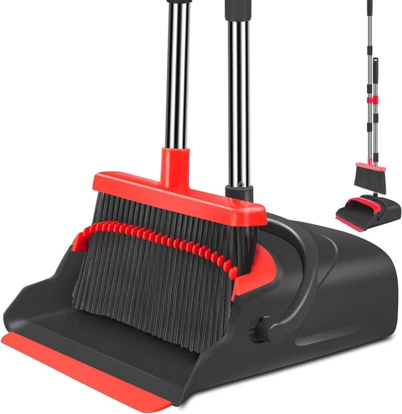 Upgrade Broom Dustpan Set, Long Handle for Indoor Outdoor (Black&Red)
