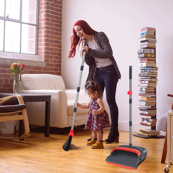 Upgrade Broom Dustpan Set, Long Handle for Indoor Outdoor (Black&Red)