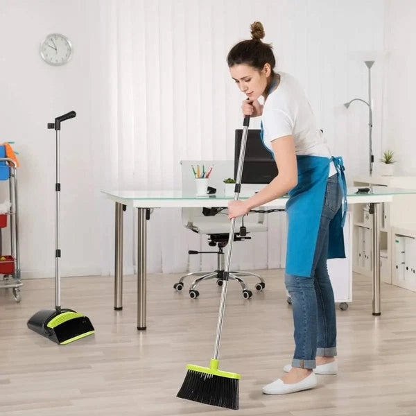 Standing Broom and Dustpan Set, Adjustable Handle 38.18"-52", No-Slip Grip