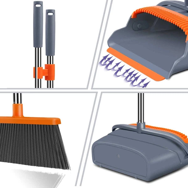 Broom and Dustpan Set Self-Cleaning with Dustpan Teeth Indoor New
