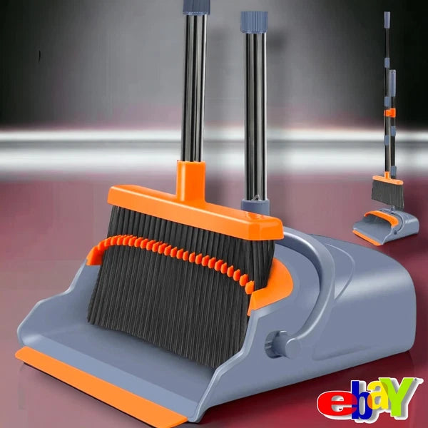 Broom and Dustpan Set Self-Cleaning with Dustpan Teeth Indoor New