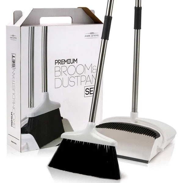 Unbranded Broom + Upright Dust Pan Combo Set 11.4" White/Black w/ Plastic Handle