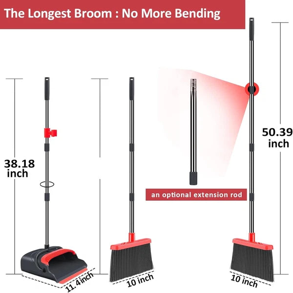 Upgrade Broom Dustpan Set, Long Handle for Indoor Outdoor (Black&Red)