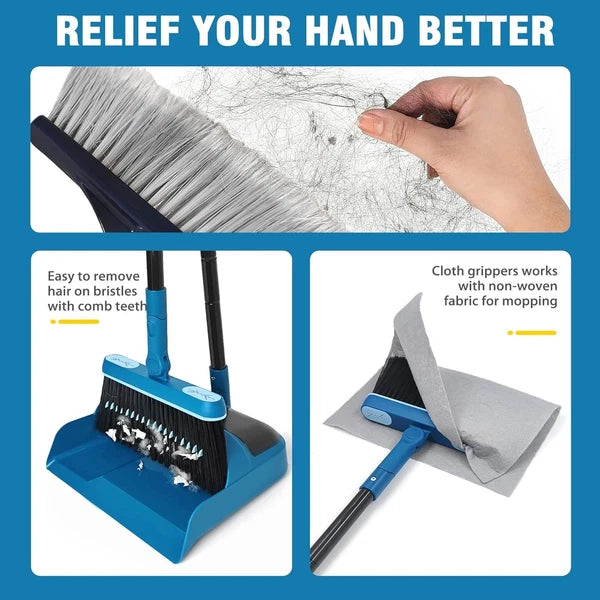 Dustpan and Brush Set, 54 inches Long Handle Swivel Broom, Upright Foldable Dust