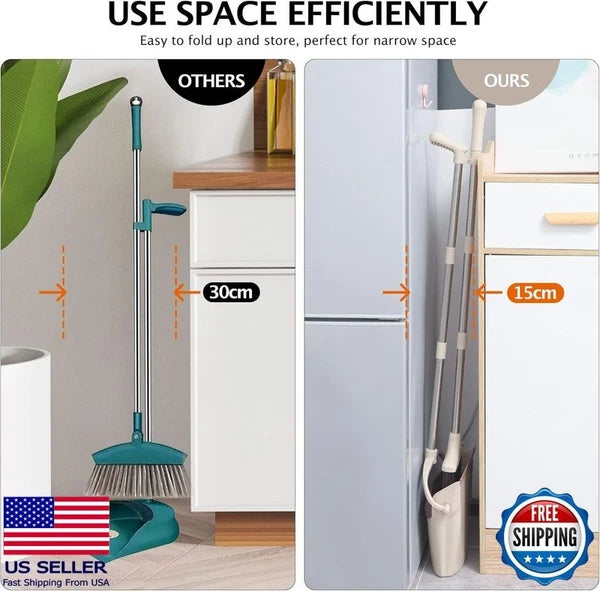Broom and Dustpan Set with Long Handle, Lightweight Stainless Steel, Brown Beige