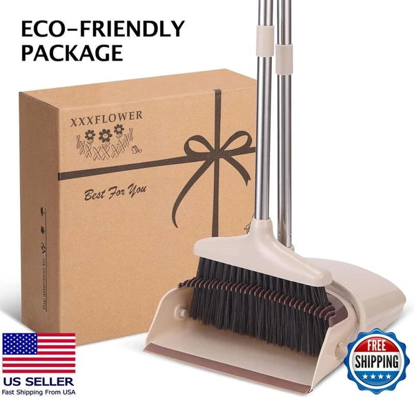 Broom and Dustpan Set with Long Handle, Lightweight Stainless Steel, Brown Beige