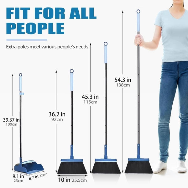 Dustpan and Brush Set, 54 inches Long Handle Swivel Broom, Upright Foldable Dust