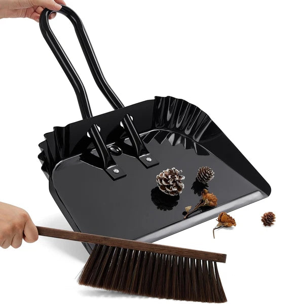 17In Metal Dustpan and Brush Set Extra Large Handheld and Wood Broom Heavy-Duty