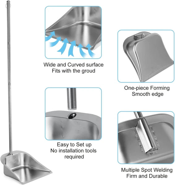 Heavy Duty Dustpan with Long Handle,  43" Stainless Steel Dust Pan Standing Upri