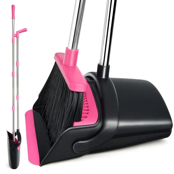 Broom and Dustpan Set, Long Handle Combo for Indoor&Outdoor Sweeping(Black Pink)