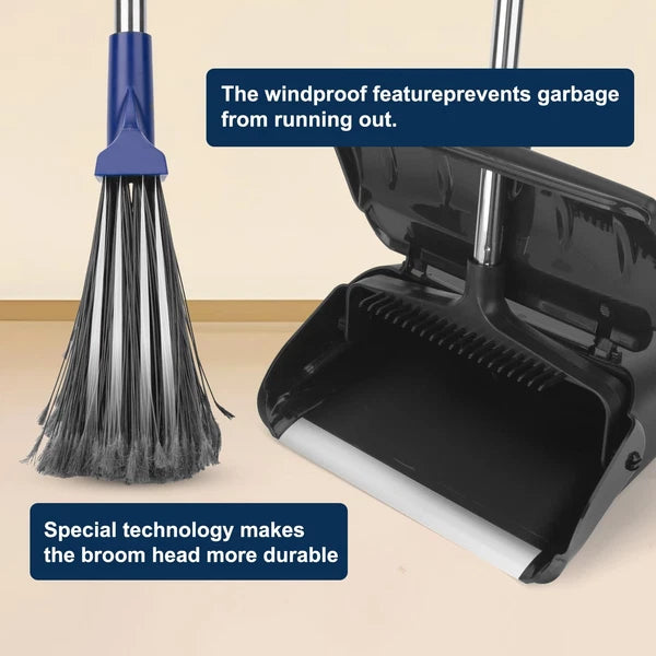 Outdoor Heavy Duty 2 Brooms and Dustpan Set with Aluminum Flat Lip for Courty...