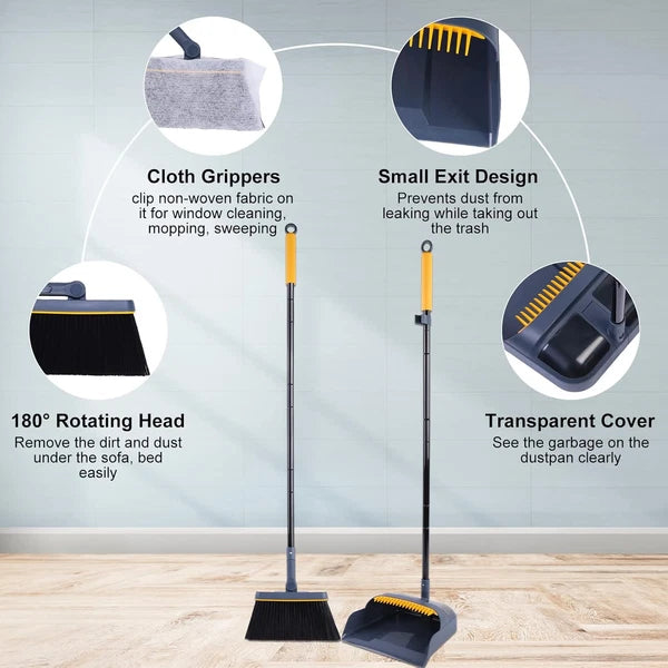 JEHONN Broom and Dustpan Set for Home, 54 Inches Long Dark Blue Yellow