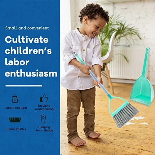 Toddler Brooms, Kids Broom, Small Broom and Dustpan Set, Household Mini Blue