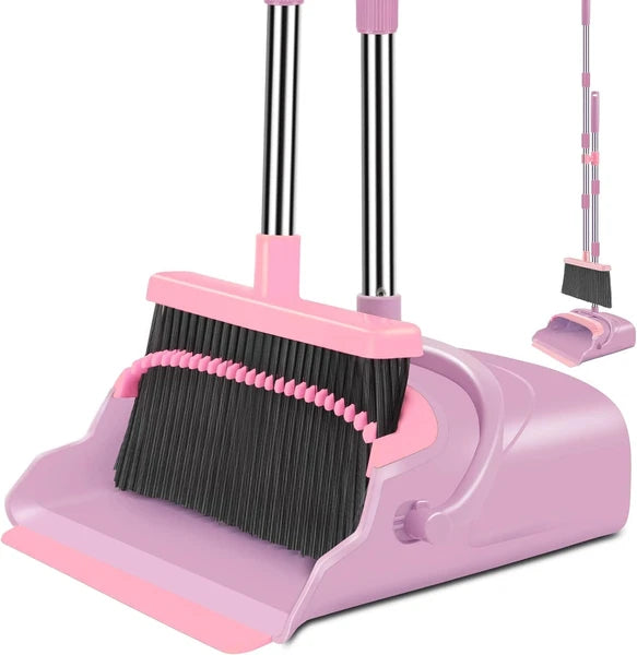 Broom  Dustpan Set Home Office Indoor&Outdoor  Stand Up Broom Dustpan (Pink)