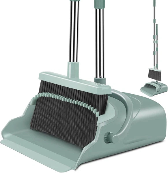 Upgraded Upright Broom & Dustpan Set – Large, Long-Handled (Green)