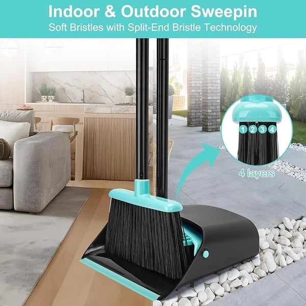 Standing Broom & Dustpan Set 52" Extendable Handle Indoor