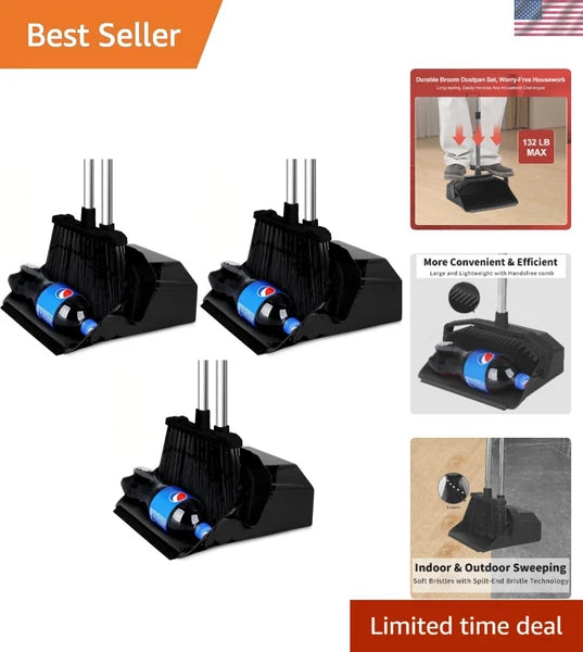 Versatile 3-Pack Broom and Dustpan Set - Perfect for Lobby and Garage Cleaning