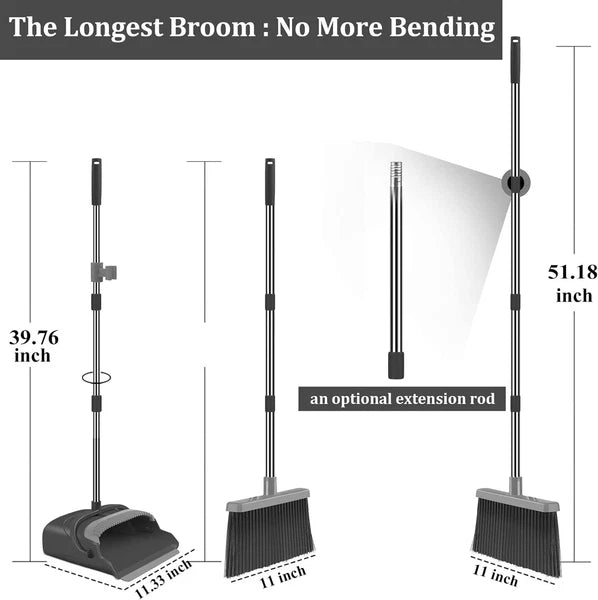 Broom Dustpan Set Home Office Indoor Outdoor Stand Up Broom Dustpan (Black&Gray)